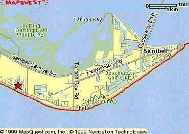 Map showing the route to the East Rocks neighborhood on Sanibel Island