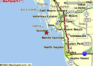 Map showing the route to Sanibel Island across the Sanibel Causeway