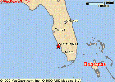 Map of Florida showing the location of Sanibel Island on the Gulf Coast